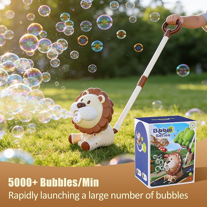 Lion Automatic Bubble Machine for Toddler Kid Toy 1 2 3 4 5 6 7 8 1yr Year Old Little Girl Boy Gift Lawn Mower Maker Blower Summer Outdoor Push Toys Rechargeable Easter Christmas Birthday Present