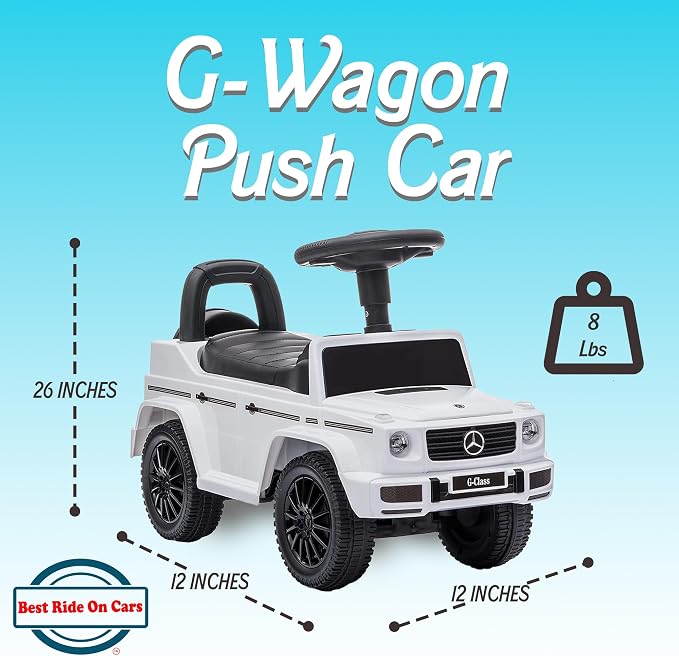 Best Ride On Cars Kids Outdoor Stroller Mercedes G-Wagon Push Car with Working Lights, Horn, and Music for Ages 1 to 3 years, White