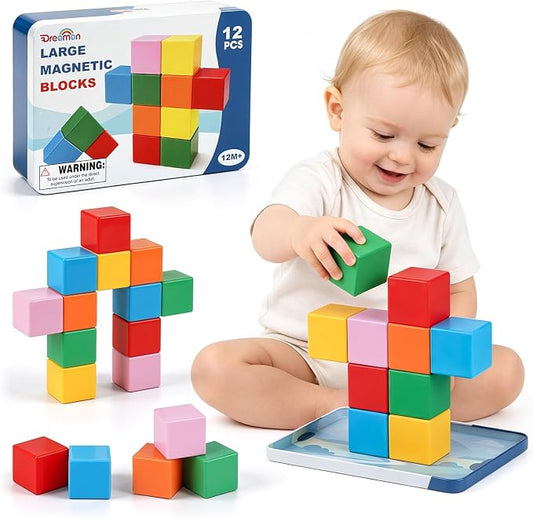 Magnetic Blocks Large with Metal Box, 1.65in Magnetic Building Cubes Toddler Travel Essentials Toys for Boys Girls Ages 1 2 3, STEM Educational Magnet Sensory & Montessori Toys Birthday Gifts 12 PCS