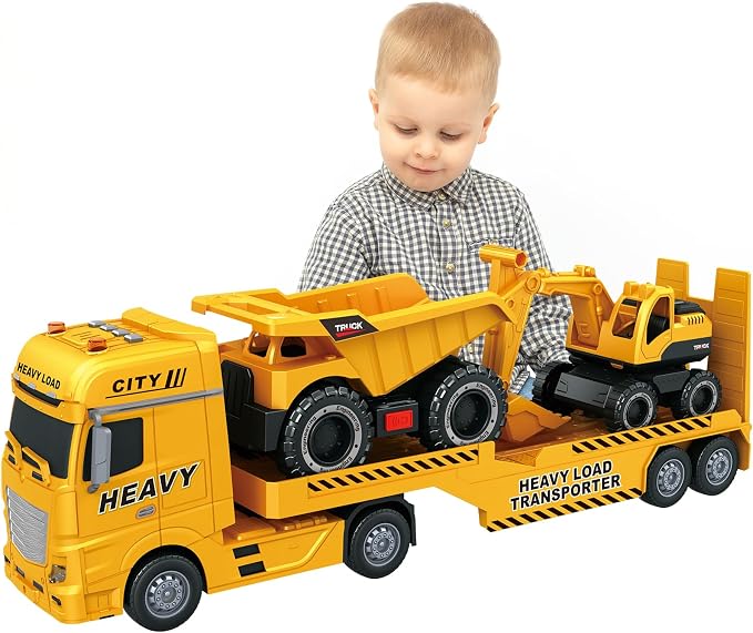 3-in-1 Construction Truck Toy for Ages 3-6 – 25.6 Inch Extra-Large Semi-Truck with Lights & Sounds, Detachable Excavator and Light & Sound Dump Truck, Inertia Vehicle Set