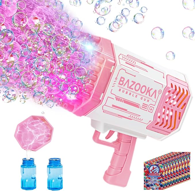 Bubble Gun, Bazooka Bubble Machine Gun, Bubble Blaster Gun with Bubble Solution, 69 Holes Bubble Bazooka Gun Outdoor Summer Toy Party Favors for Kids Pink Easter Bubble Maker Blowers