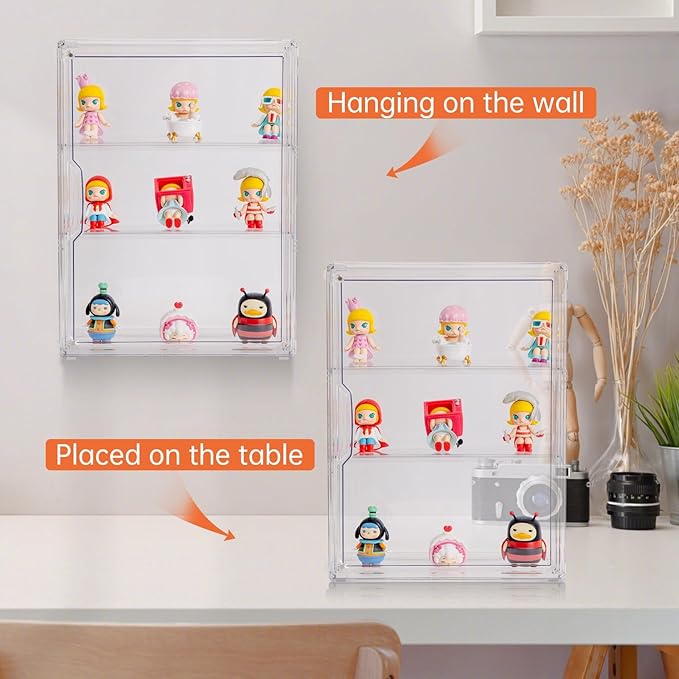 BOHOIDEE 3 Tiers Clear Display Case for Figures, Acrylic Storage Organizers Box with Magnetic Door, Wall-Mounted Dustproof Showcase for Collectibles Action Figure(4PACK Wall-Mounted Medium)