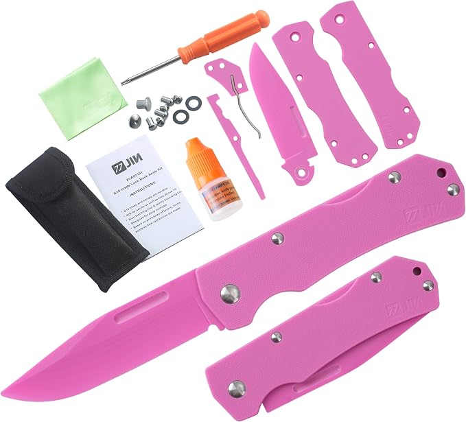 JIN Alpha Kids Pocket Knife, Fidget Toy, DIY Making Kit, Folding EDC, Fake Knives, Safe for Kids, Pink G10 Blade & Handle, Girls Gift, Camping Tool