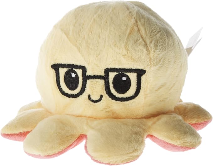 TeeTurtle Reversible Octopus Plushie 4-Inch Red + Yellow with Glasses Two-Sided Flip Plush Toy with Embroidered Details - Cute Mini Collectible Plush for Kids, Teens, and Adults