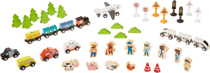 Amazon Basics 120 Piece Wooden Train Set with Activity Table, Sturdy Tracks, Storage Bin, Easy to Assemble, Kids Gift for Age 3Y+, 47.44 x 33.46 x 16.14 in
