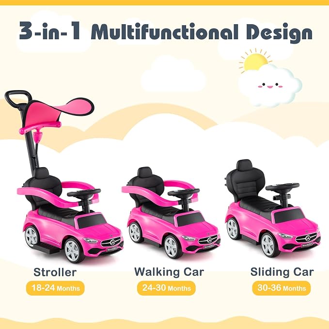 Costzon Push Car for Toddlers, 3 in 1 Mercedes Benz Stroller Sliding Walking Car w/Canopy, Handle, Safety Bar, Horn Sound, Underneath Storage, Foot-to-Floor Ride On Toy for Boys & Girls (Pink)