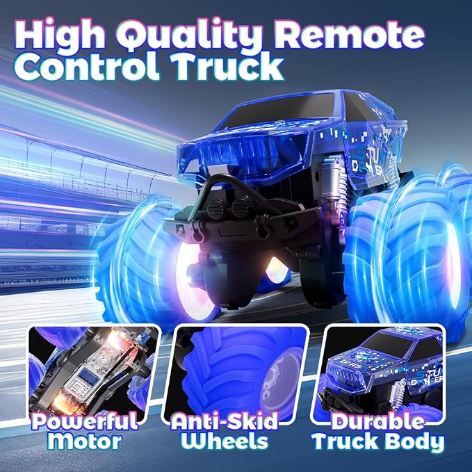 Drefirsa Blue Monster Truck Toy, Amphibious Remote Control Car, 4WD All Terrain Off-Road RC Truck with Colorful Light, RC Stunt Car Toy for 6 7 8 9 10 11 12 Year Old Boy Birthday Gift