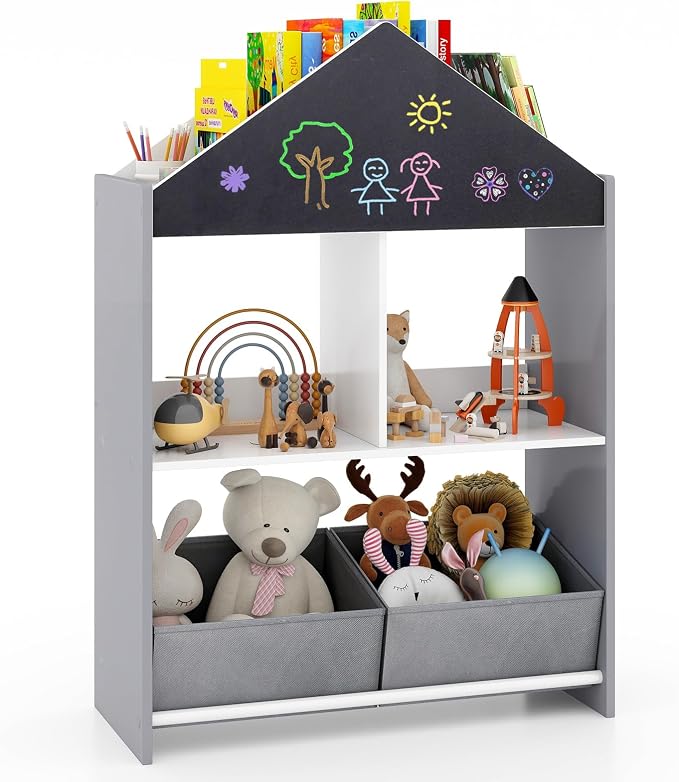 Costzon Kids Bookshelf, Wooden Dollhouse Bookcase with Blackboard, Whiteboard, Toddler Book Shelf with Cubby & 2 Fabric Bins, Toy Storage Organizer for Kids Room, Playroom, Nursery (Gray)