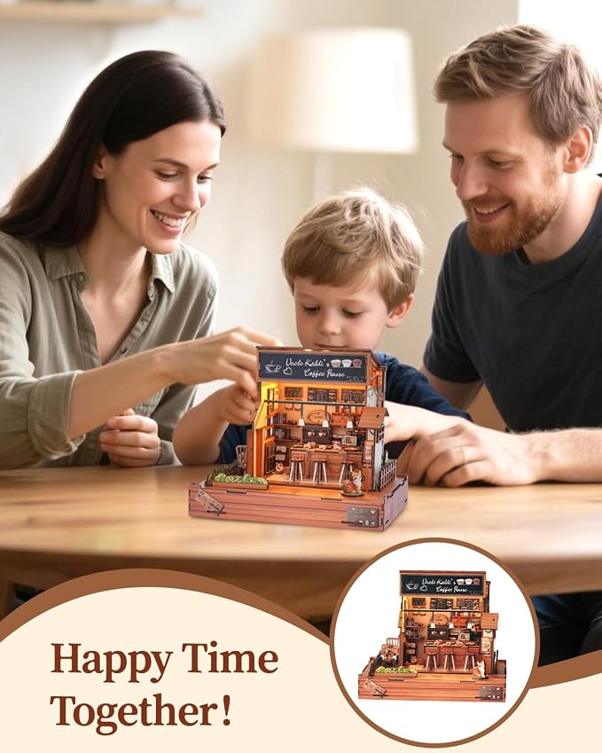 DIY Miniature House Kit Coffee Shop, DIY Miniature Dollhouse Kit with LED Music Light for Room Bookshelf Decor, Tiny House Crafts for Adults, Birthday for Men Women Teens