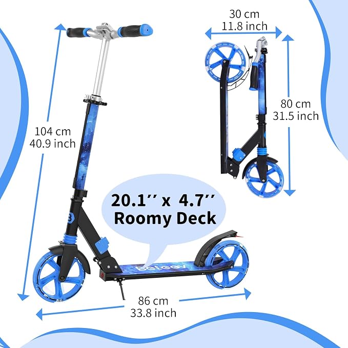 BELEEV V8 Scooters for Kids Ages 6+ with Light-Up Deck, 2 Wheel Folding Scooter for Kids, 4 Adjustable Height, Lightweight Sport Commuter Scooter, Sturdy Frame