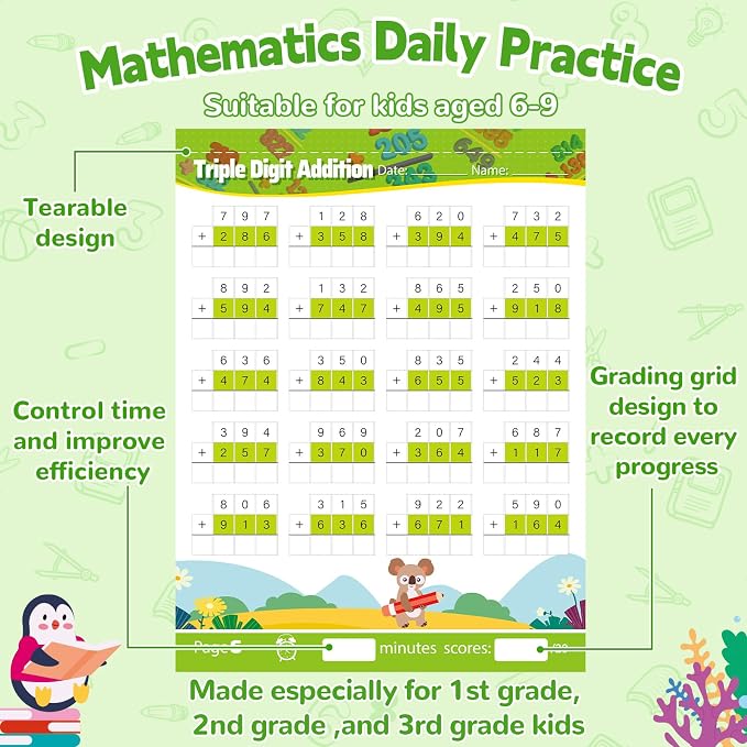 Addition and Subtraction Workbook Triple Digit Math Practice Worksheets for 2nd 3rd Grade, Addition&Subtraction Worksheets One Page A Day Math for Ages 6-9, Math Repetition Exercise Daily, 56 Pages