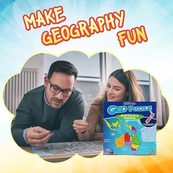 GeoToys GeoPuzzle, Australia & Oceania Jigsaw Puzzles, 50 Pc Geography Game & Map Puzzle, Educational Games & Kids Learning Activities, Puzzle Gifts for Children Ages 6-9, Fun Learning Toys for Kids