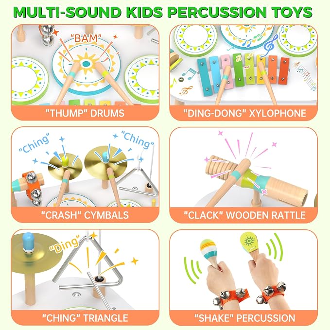 12-in-1 Drum Set for Toddlers 1-3,Baby Musical Instruments Table ,Wooden Montessori Toys with Xylophone,Bongo Drums,Cymbals,Maracas & Wrist Bells,Birthday Gift for 1 2 3 Year Old Boy Girls