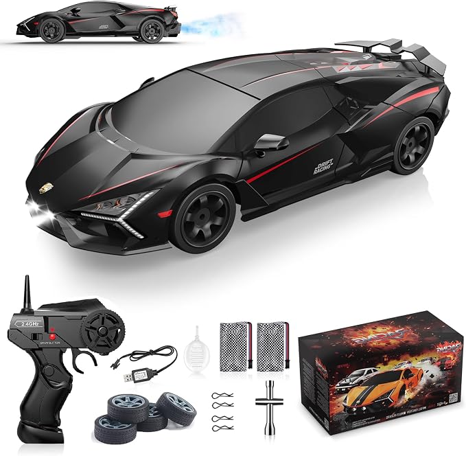 Remote Control Car RC Drift Car 1:16 Scale 4WD 18KM/H High Speed Model Vehicle 2.4GHz with LED Lights Spray Rubber Tire Racing Sport Toy for Adults Boys Girls Kids Gift 2Pcs Rechargeable Batteries