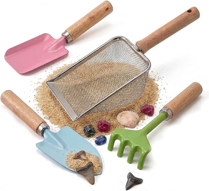 Beach Sand Toys for Kids Toddlers, Beach Mesh Shovel Rake Set with Sifter & Shell Clipping Tongs, Travel Mesh Scooper for Digging, Sifting Collecting Shells, Shark Tooth Sifter Dipper for Boys Girls