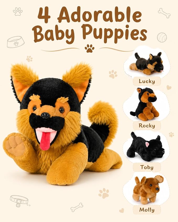 MaoGoLan 5Pcs Giant German Shepherd Dog Plush Toys with 4 Babies, Realistic Soft and Cuddly Stuffed Dog Puppies for Kids, Puppy Lovers