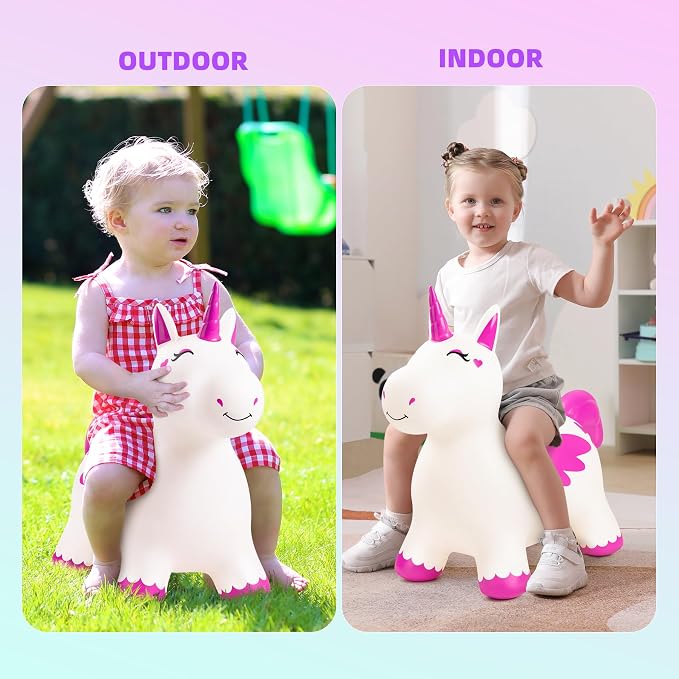 Bouncy Unicorn Hopping Toys for Kids, Inflatable Bouncing Animal Hopper, Outdoor Indoor Ride On Horse Bouncer, Boys Girls Birthday Gift for 18 Months 2 3 4 5 6 Years Old Toddler