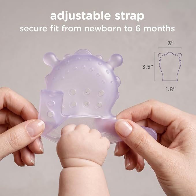 Olababy Clear Sense Silicone Mouthing Mitten (2PK) – Perfect for mouthing and Teething Babies, Adjustable Strap, BPA and Plastic-Free, 0-6 Months, Baby Essentials & Shower Gift (Lilac)