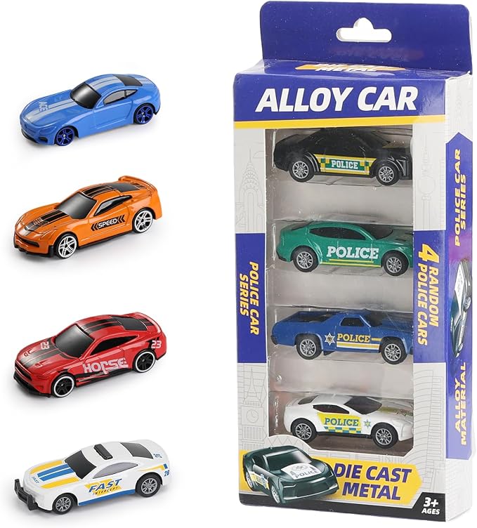 Die Cast Pull Back Toy Cars, 4 Pack 1:64 Mini Cars with (Middle) | 4 pull-back die-cast mini cars with a portable storage case for racing, collecting, sharing, and travel play.