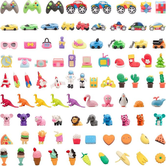 90pcs 3D Cute Kids Erasers, Random Desktop Pet Toys Gifts, Classroom Rewards Kids Party Gifts, Various Styles Such as Animals, Food, Plants, Space, Princess, Sports, Halloween, Christmas