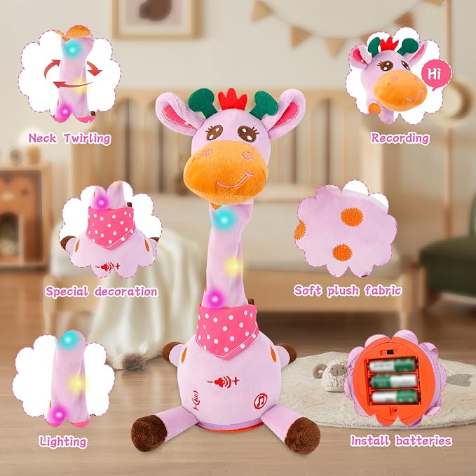 LUKETURE Purple Musical Talking Dancing Giraffe Plush Toy, Talking Baby Toy with Lights, 10 Songs and Voice Repeat, Soft Sensory Gift
