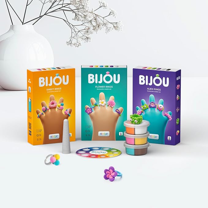 HEY CLAY Bijou - Clay Kit for Accessories Creation - Air Dry Clay with Tools and Fun Interactive App for Kids 3+ (Flower Rings)