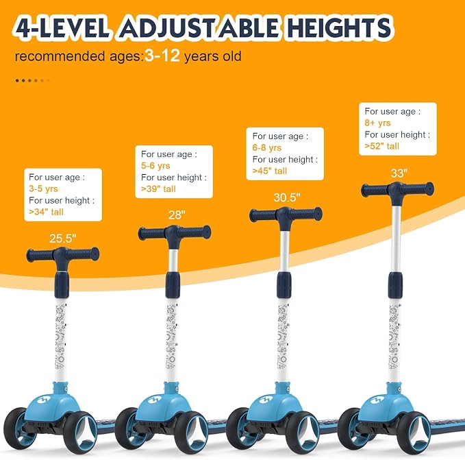 MOUNTALK Kids Scooter for Ages 1-12 Years, 3 Wheels Toddler Scooter for Children Age 1-3/3-5/5-8/8-12 Boys and Girls with Adjustable Heights and LED Wheels