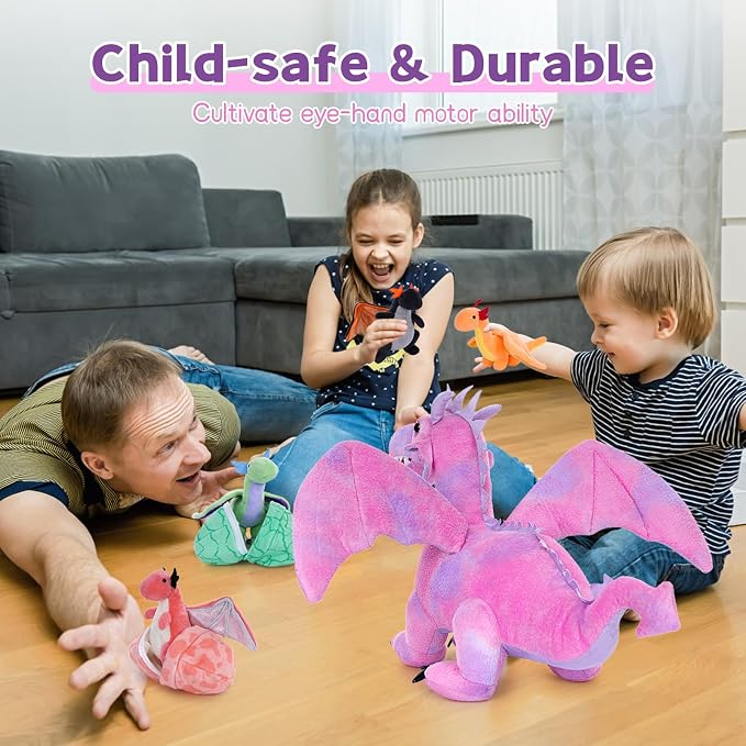 Muiteiur 7 Piece Dragon Stuffed Animals, 21.6 inch Soft Plush Pink Dragon with 4 Baby Toys and 2 Eggs, Gift for Kids Boys Girls
