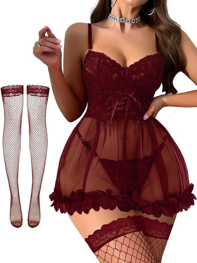 Foxiny Sexy Ruffle Floral Skirt Underwire Mesh Sheer Lace Babydoll Lingerie Dress with Thong 2 Piece