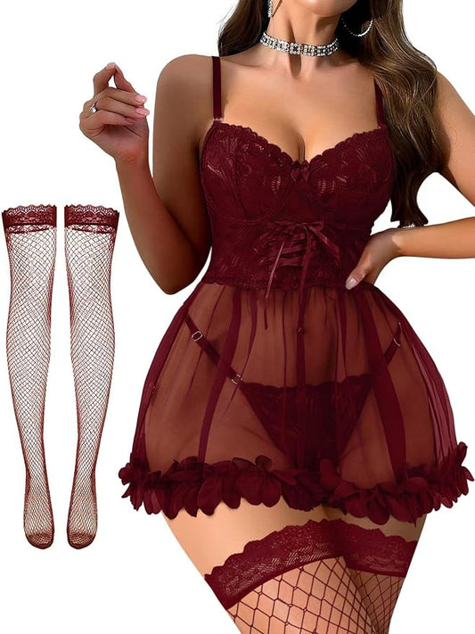 Foxiny Sexy Ruffle Floral Skirt Underwire Mesh Sheer Lace Babydoll Lingerie Dress with Thong 2 Piece