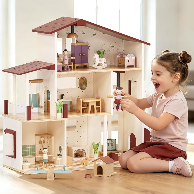 Lehoo Castle Wooden Dollhouse for Girls, Realistic Doll House with 5 Rooms & 38 Accessories, DIY Pretend Play Dream Dollhouse with Doll and Furniture, Ideal Creative Gift for Ages 3+