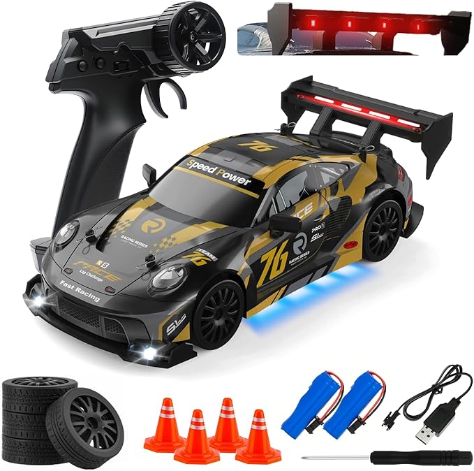 RC Drift Car, 1:24 Scale Remote Control Vehicle for Kids,2.4GHz 20KM/H 4WD High Speed RC Cars with LED Light, Two Batteries & Drifting Tires Racing Sport Toy Cars for Adults Boys Girls Kids 8606BK