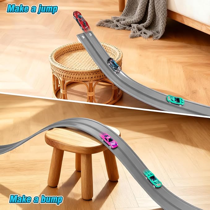 15Ft Flexible Race Car Track for Kids with Suction Cups Compatible with Diecast 1/64th Cars for Ages 3 & Up Blue Gray Orange Red Classic Long Rolls Up Portable Racetrack (Gray)