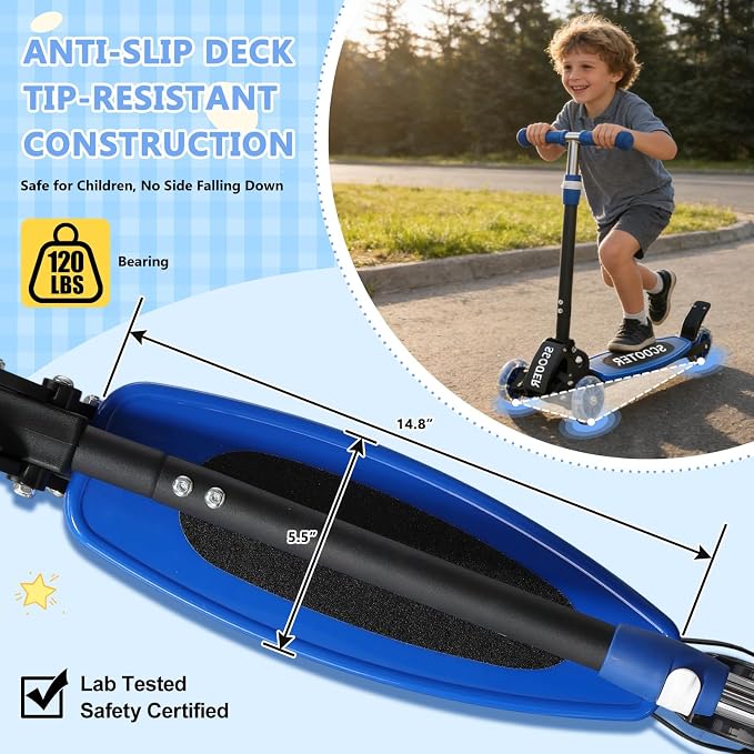 3 Wheel Scooters for Kids 2-5 5-7 Years, 4 Adjustable Heights Foldable Metal Toddler Scooter for Boys Girls Up to 120 lbs, Lean-to-Steer, Dual Rear Brake Widen Anti-Slip Deck
