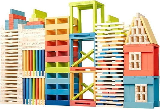Premium 300 Pcs Natural Wooden Building Planks Building Blocks Kits for Kids 3-12, Open-Ended Classic Pine STEM Construction Toys Set for Castles, Bridges & Towers, Educational Learning Gift (4.7 in)
