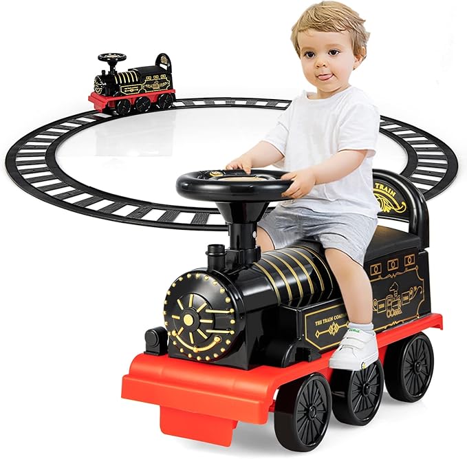 OLAKIDS Kids Ride On Train with Track, 6V Electric Toy with Lights and Sounds, Retractable Footrest, Under Seat Storage, Christmas Theme Battery Powered for Toddlers Boys Girls (1 Seater, Retro)