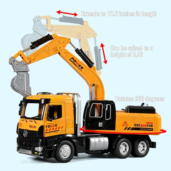 Excavator Toy Diecast Metal Cab Construction Truck Toys for Kids Excavator with Movable Robotic Arm Pull Back Toy Excavator with Lights and Sounds Excavator Toys for Boys 3-5 Year Old