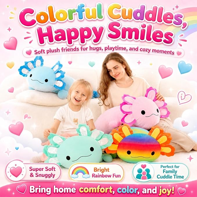 BENINY 39-Inch Giant Axolotl Plush Pillow, Hot Pink Large Stuffed Animal, Extra Soft Huggable Cuddly Toy Gift for Kids Girls Boys, Birthday Christmas Room Decor
