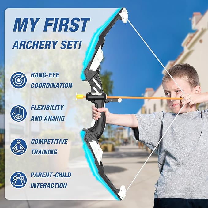 HYES 2 Pack Bow and Arrow with Moving Target for Kids, LED Light Up Archery Set with 24 Suction Cup Arrows, 6 Score Targets & 2 Quiver, Indoor Outdoor Sport Gifts for Boys Girls Ages 4-12