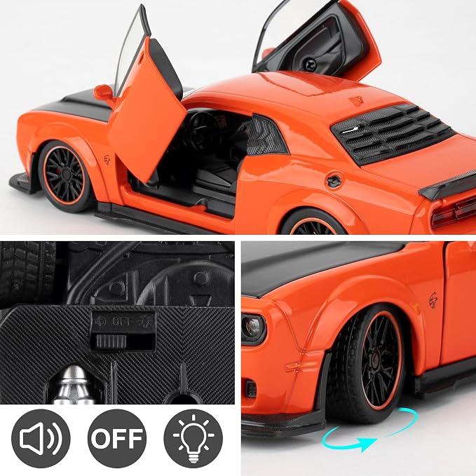 WAKAKAC Toy Cars Compatible for 1:32 Dodge Challenger SRT Hellcat Model Cars, Pull Back Die-cast Vehicles, Collectible Cars with Sounds＆Lights for Kids Boys Girls and Adults, Gift Orange