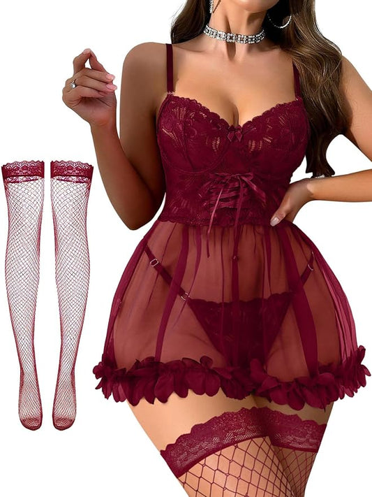 Foxiny Sexy Ruffle Floral Skirt Underwire Mesh Sheer Lace Babydoll Lingerie Dress with Thong 2 Piece