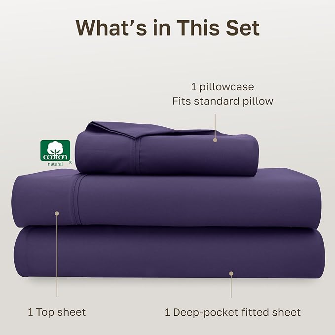 California Design Den Soft Twin Size 100% Cotton Sheet Sets, 400 Thread Count Good Housekeeping Award Winner, Silky Smooth Sateen Weave, Breathable and Durable Twin Bedding Set - Purple