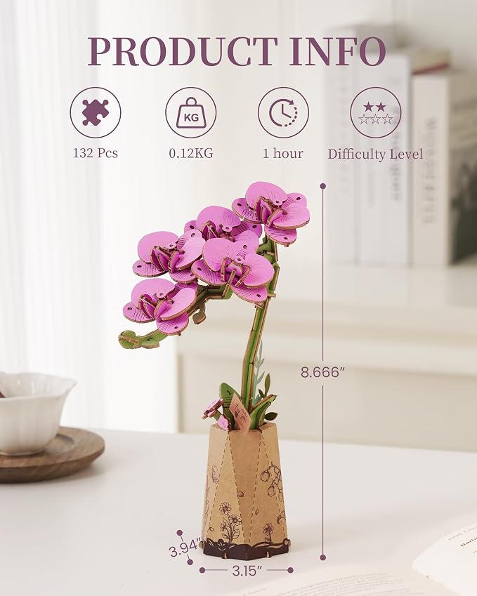 ROBOTIME 3D Puzzle Purple Moth Orchid TW091, DIY Wooden Flower Craft, Artificial Flowers Model Kit to Assemble for Adults, Home Decoration and Valentine's Day Toy Gift Set