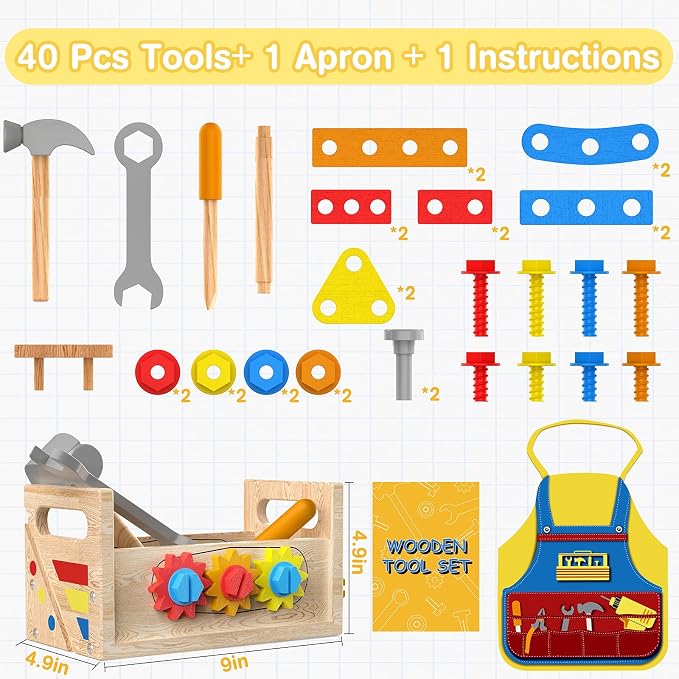 Montessori Toys for 2 Year Old Boy - Wooden Kids Tool Set with Apron | Toddler Bench STEM Educational Construction Toy for Ages 2-4, Pretend Play Birthday Gifts for Girls