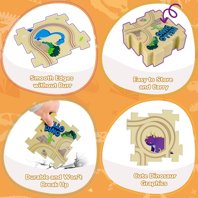 YOOYID Puzzle Racer Kids Car Track Set with 2 Dino Cars, Kids Toys Boys 3-5, Toys for 3 4 5 6 Year Old Boys, Toys for Ages 3-4, Car Tracks for Toddlers, Montessori Toys for 3+ Year Old