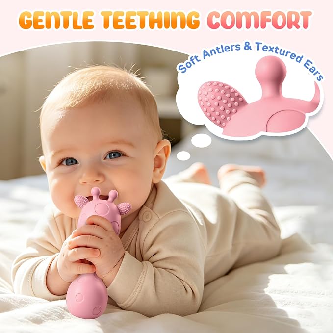 Baby Rattles Teething Toys 3-6 6-12 Month, Multi-Functional BPA-Free Silicone Teether Toys for Teething Relief & Sensory Rattle Play, Perfect Infant Newborn Toys & Baby Gifts (Rose Pink)