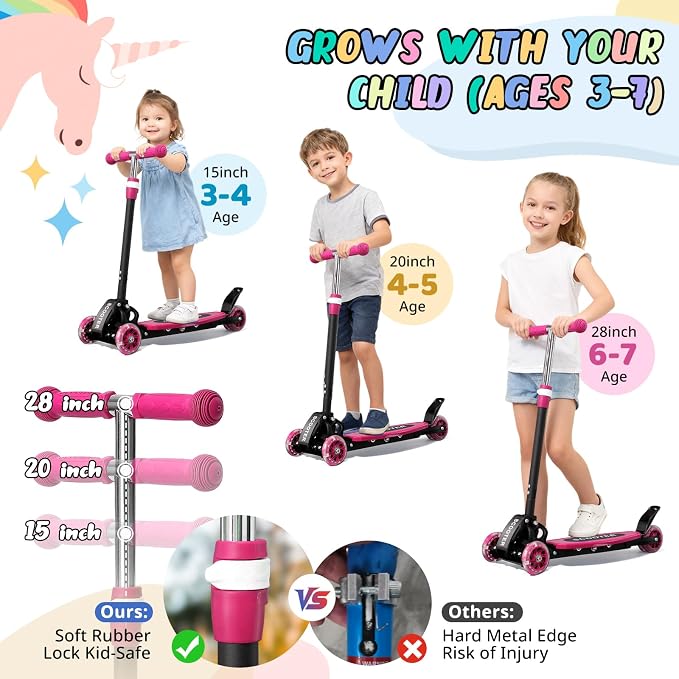 3 Wheel Kids Kick Scooter for Ages 3-12, Lean-to-Steer, Light-Up Wheels, 3-Level Adjustable Handlebar 27.5”-33”, Wide Non-Slip Deck, Dual Rear Brake,Travel Foldable, for Boys & Girls Toy Gifts