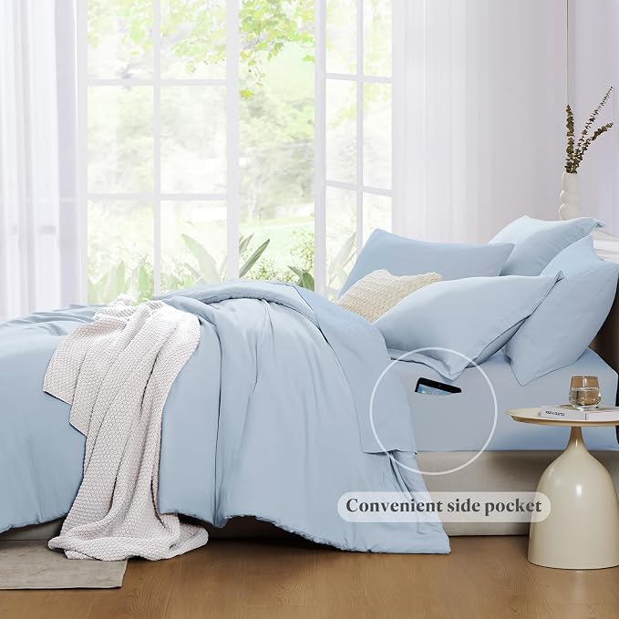 WRENSONGE Queen Comforter Set - 7 Pieces Ice Blue Soft Bed in a Bag Queen with Fitted Sheet, Flat Sheet, 2 Pillow Shams, and 2 Pillowcases- Warm Bedding Sets for All Season