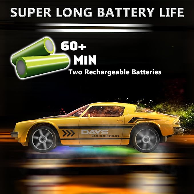 Remote Control Car RC Drift Car 2.4GHz 1:24 4WD 15KM/H High Speed Racing Sport Car with LED Lights Drifting Tire Racing Sport Toy for Adults Boys Girls Kids Gift 2Pcs Rechargeable Batteries