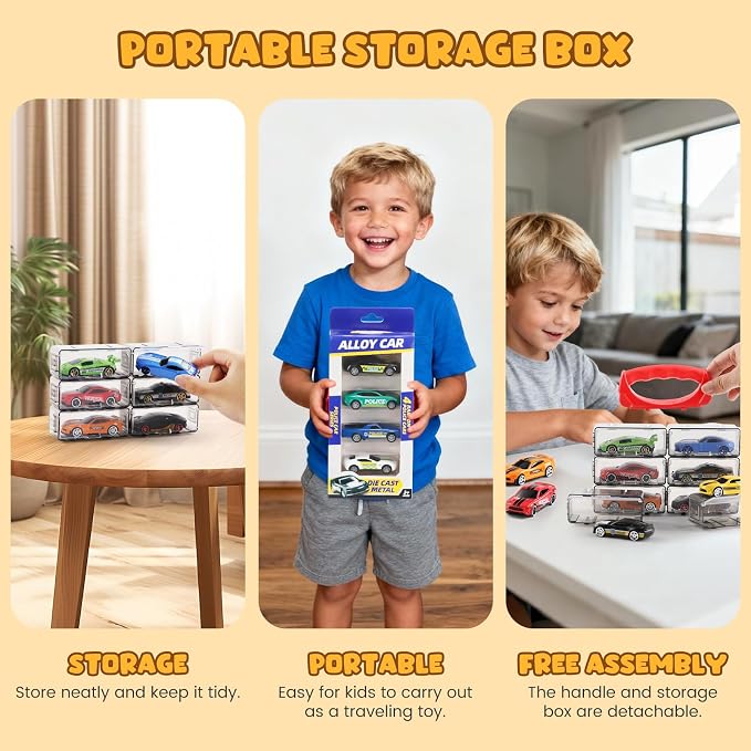 Die Cast Pull Back Toy Cars, 4 Pack 1:64 Mini Cars with (Middle) | 4 pull-back die-cast mini cars with a portable storage case for racing, collecting, sharing, and travel play.